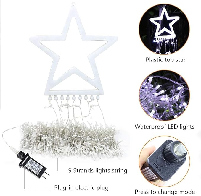 PUHONG Christmas Decoration Outdoor Star String Lights16.4Ft Christmas Tree Toppers Lights 320 LED 8 Memory Modes with 14 Lighted Star for Halloween Christmas New Year Holiday Birthday(White)