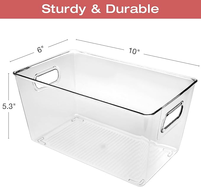 EXCELLO GLOBAL PRODUCTS 10.12 x 6.02 x 5.31 Rigid Plastic Clear Storage Bins for organizing and storing household goods food or Office supplies (Pack of 6)