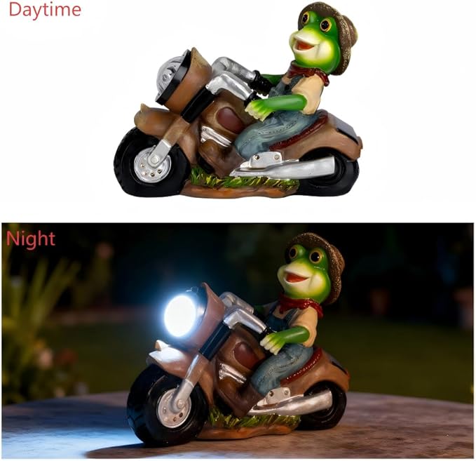 Solar Frog Motorcycle Statue Light - Outdoor Garden Decor Resin Frog Figurine Riding Vintage Ornament for Patio Yard Lawn Pathway - Funny Birthday Housewarming Gift for Mom Dad Grandmother Friends