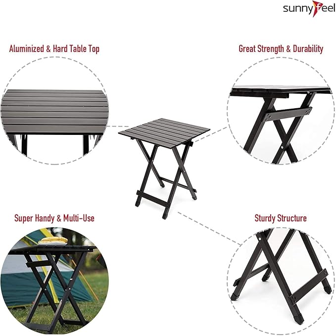 SUNNYFEEL Folding Camping Table - Lightweight Aluminum Portable Picnic Table 18.5x18.5x24.5 Inch for Cooking Beach Hiking Travel Fishing BBQ Indoor Outdoor Small Foldable Camp Tables