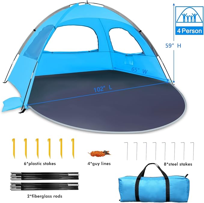 WhiteFang Beach Tent Anti-UV Portable Sun Shade Shelter for 3/4/6/8 Person Extendable Floor with 3 Ventilating Mesh Windows Plus Carrying Bag Stakes and Guy Lines