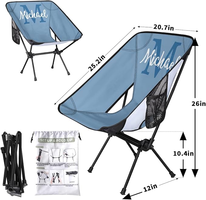 Custom Blue Portable Camping Chair Personalized Backpacking Chair with Name Lightweight Foldable Chairs for Hiking Beach