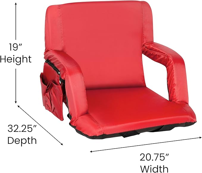 BizChair Set of 2 Red Portable Lightweight Reclining Stadium Chairs with Armrests Padded Back &amp Seat - Storage Pockets &amp Backpack Straps