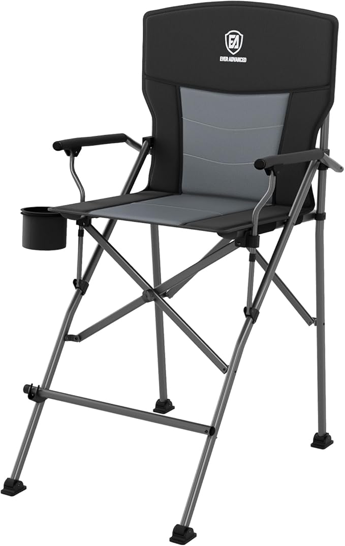 EVER ADVANCED Tall Camping Directors Chair with Cup Holder 31 Bar Height Folding Chair for Camping Sports with Carry Bag Mesh Pockets and Footrest Heavy Duty 300 lbs Black