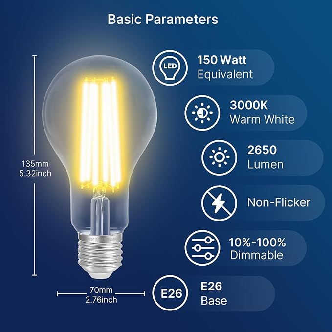 FLSNT 150W Equivalent Dimmable A23 LED Light Bulbs 2650Lumens Efficient 18W 3000K Warm White E26 Base 8 Pack