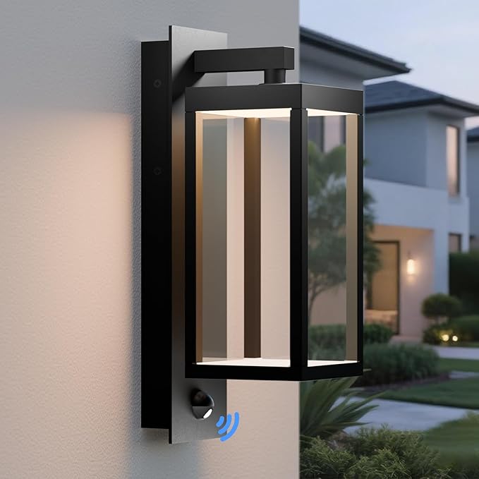 Modern Motion Sensor Outdoor Wall Light Sconce with Glass 850LM LED IP65 Waterproof Aluminum Lantern - Anti-Rust Exterior Lighting for Porch Garage Front Door PatioBlack