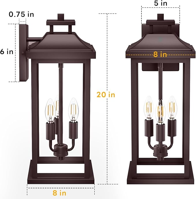 20 Oil Rubbed Bronze Outside Lighting for House 3-Light 2 Pack Brown Large Vintage Outdoor Sconce Lights Porch Patio Lights Wall Mount Waterproof Exterior Carriage Lamps E12