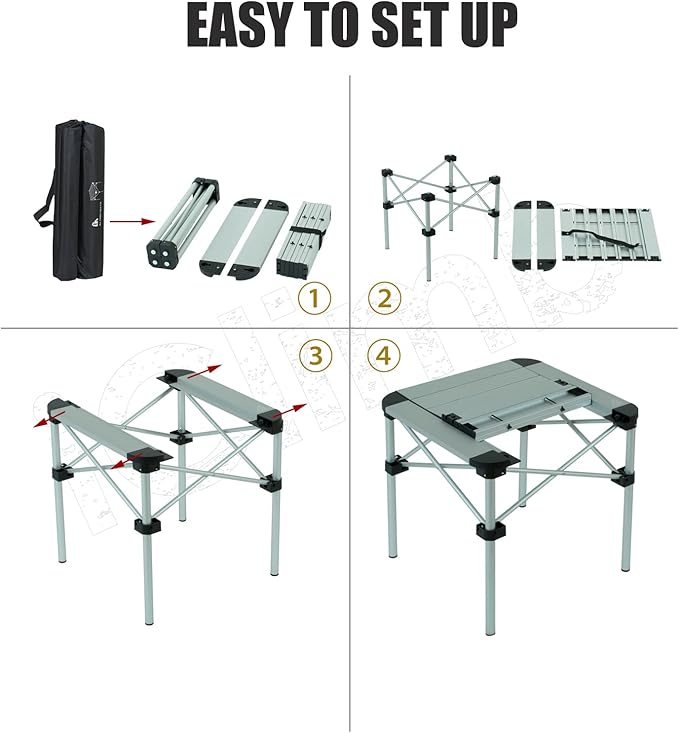 iClimb Lightweight Stable Alu. Folding Square Table Roll Up Top with Carry Bag for Camping Picnic Backyards BBQ Camp Kitchen (Black M)