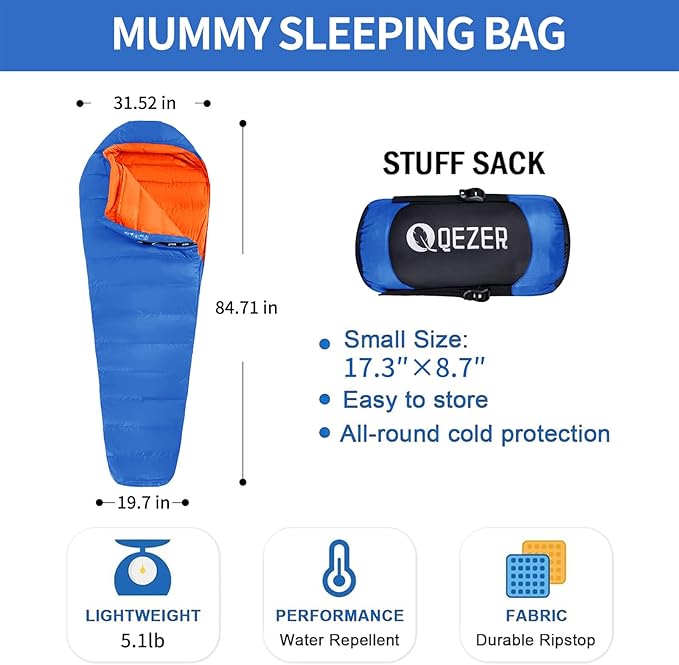 Down Sleeping Bag for Adults 0 Degree Warm Winter Mummy Lightweight Compact Outdoor Sleeping Bag for Camping Backpacking Hiking Cold and Warm Weather with 600 Fill Power Down