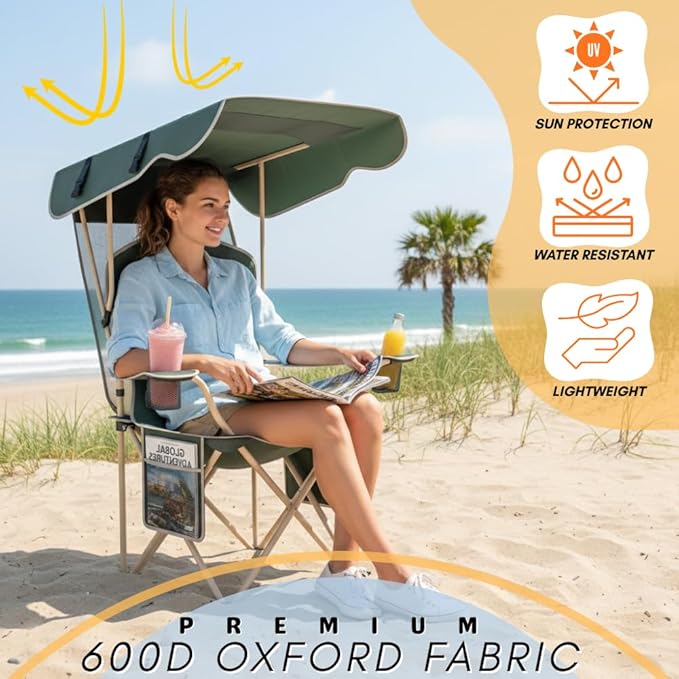 Portable Folding Camping Chairs with Canopy Shade Beach Chair for Adults Durable Weather Resistant 600D Oxford Cloth Camping Chair with Canopy for Outdoors [Olive Green-2 Pack]
