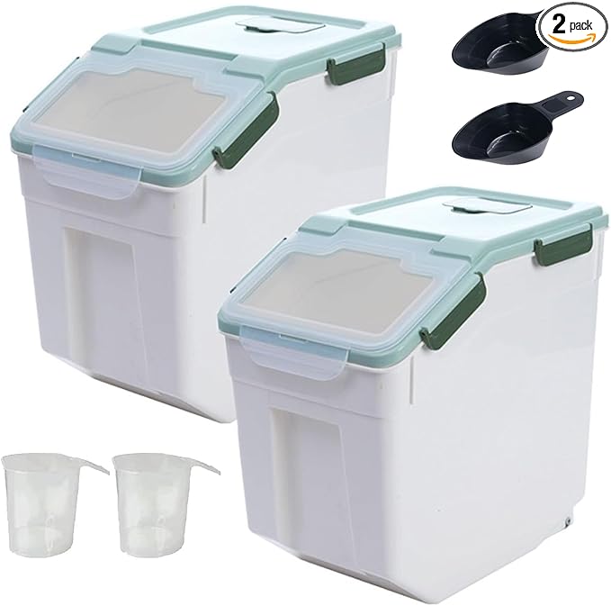 2 Pack Rice Storage Container with Measuring Cup 50 lb Flour Storage Container with Wheels BPA Free Food Storage Container Dog Cat Food Bin Set for Dry Food Sugar Cereal(Green)