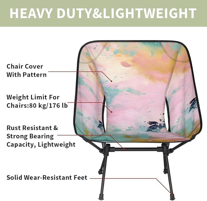 Portable Camping Chair Tie Dyeing Ultralight Folding Camping Chair Pink Watercolor Backpacking Hiking Chair with Cup Holder for Outdoor Travel Beach Picnic Festival Compact Portable 176 lbs Capacity