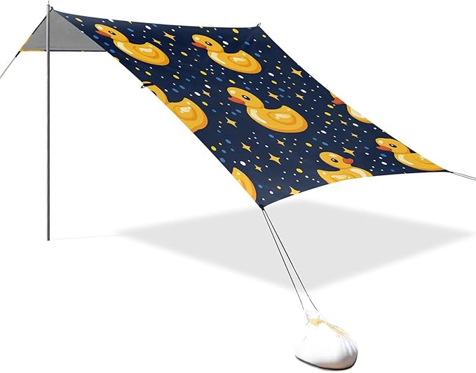 ALAZA Yellow Duck Stars Beach Tent Sun Shelter UPF50+ Protection Beach Shade Canopy w/ 4 Sandbags for Outdoor Camping Fishing Backyard Fun Picnic 10x9 ft