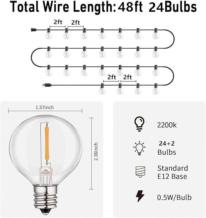 HISTAR 48Ft Patio Lights Outdoor Waterproof 24+2 Edison Bulbs for Garden Porch Backyard Balcony Bistro Cafe Lights Decor