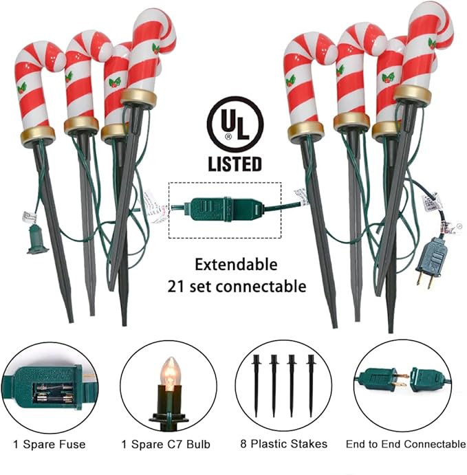 C7 Christmas Pathway String Lights Set of 8 Christmas Candy Cane Driveway Markers with 4 C7 Clear Bulbs Waterproof String Lights for Pathway Decor Outdoor Decoration