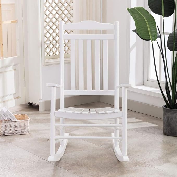 Outdoor Patio Rocking Chair Furniture Comfy Rocker for Adults Porch Balcony Garden Indoor Outside Wooden White