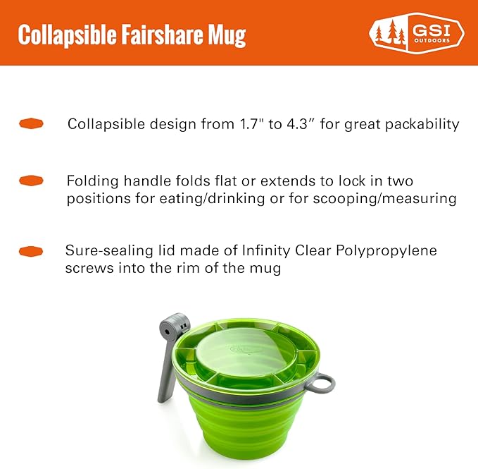 GSI Outdoors Fairshare Mug 22 Ounce Collapsible Mug for Camping Trail Travel or Office - Green