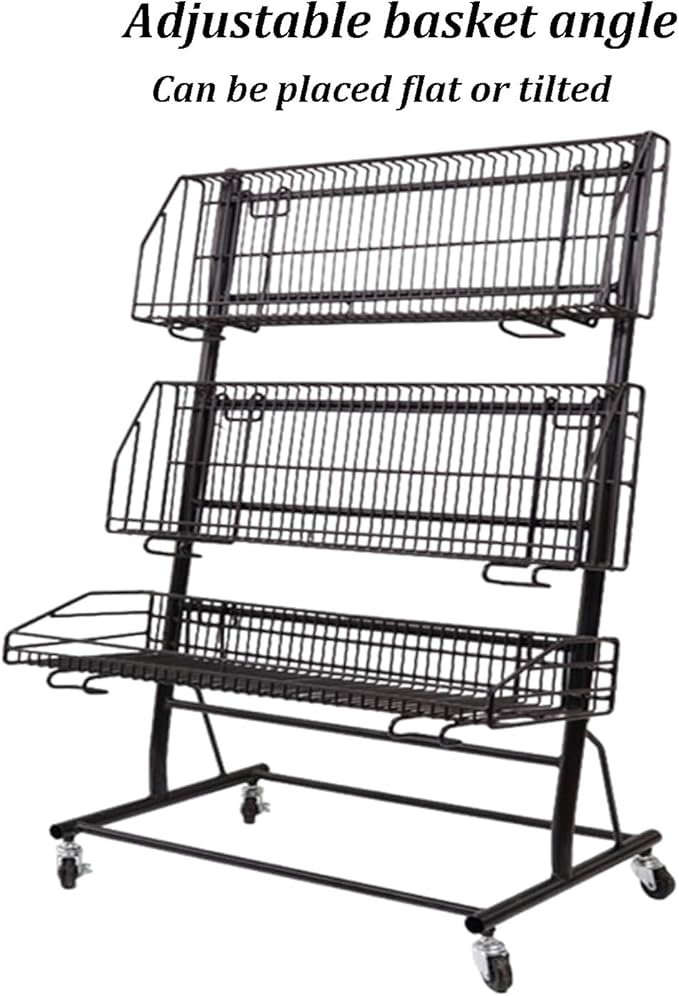 Retail Display Rack with Wheels 3 Tier Fruit Vegetable Snack Basket Shelf Strengthened Metal Frame for Home Store Market Supplies