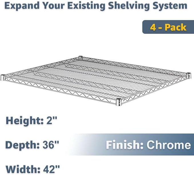 36 x 42 Extra Wire Shelves 4 Pack for Storage Racks NSF Chrome Finish 600 lb Capacity