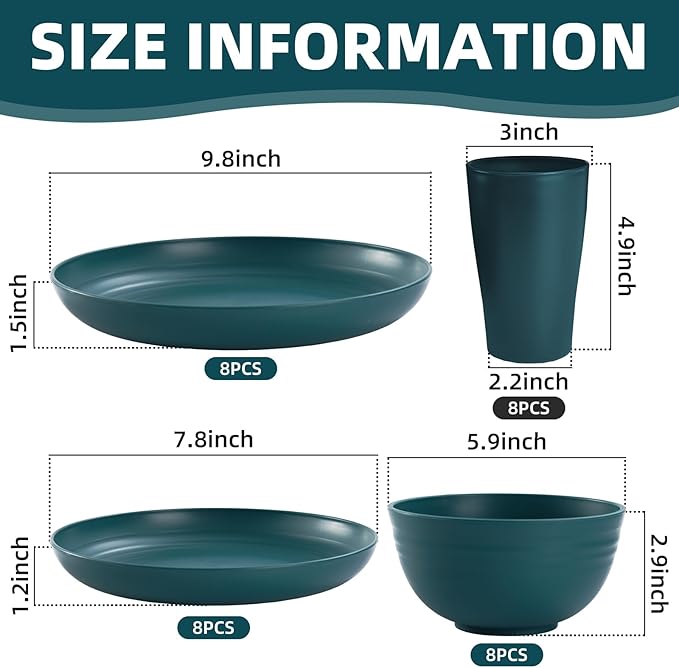 Green Unbreakable Plates and Bowls Sets Microwave and Dishwasher SafeDark Green Dinnerware Sets for 8Christmas Reusable Plastic Dishes Set Lightweight for Kids Elderly Kitchen Adults Camping Outdoor