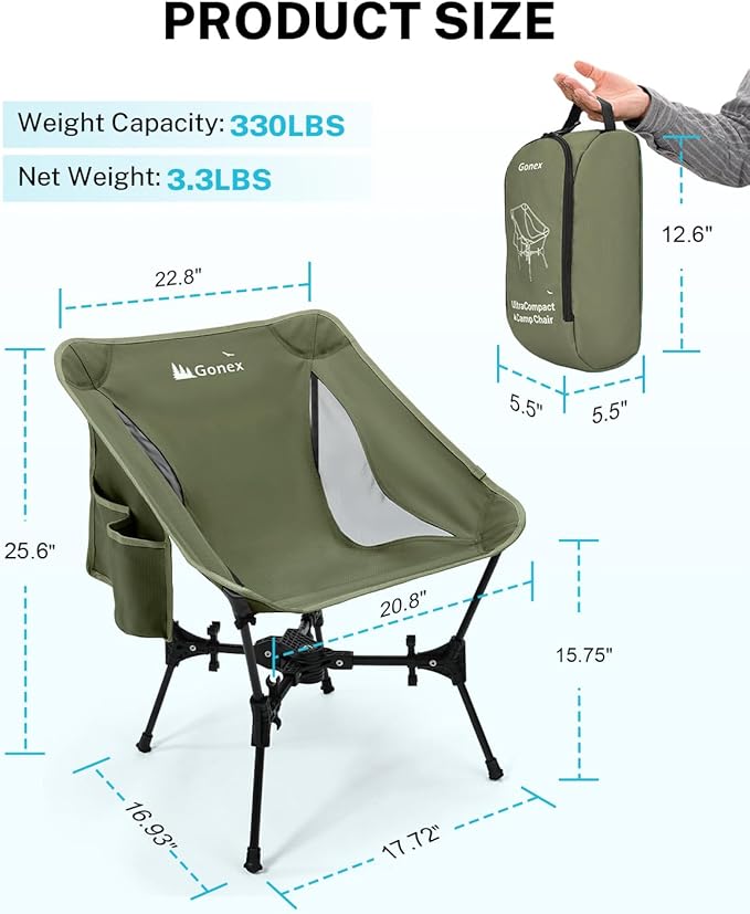 Gonex Portable Camping Chair The 5th Gen Ultralight Compact Backpacking Foldable Lightweight Folding Chair for Outdoor Camp Hiking Beach Picnic Concert Supports 330lbs (Army Green 2 PCS)