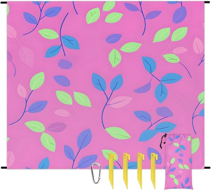 Waterproof Sandproof Beach Blanket 59''×68'' Fig Leaves Polyester Outdoor Picnic Blanket with 4 Stakes &amp Storage Bag for BeachCampingVacation Pink
