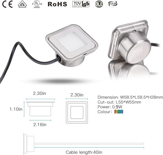 RGB Recessed LED Deck Lights 12 Pack Square Low Voltage In-Ground Floor Lights IP67 Waterproof Color Changing for Stairs Patio Deck &amp Landscape