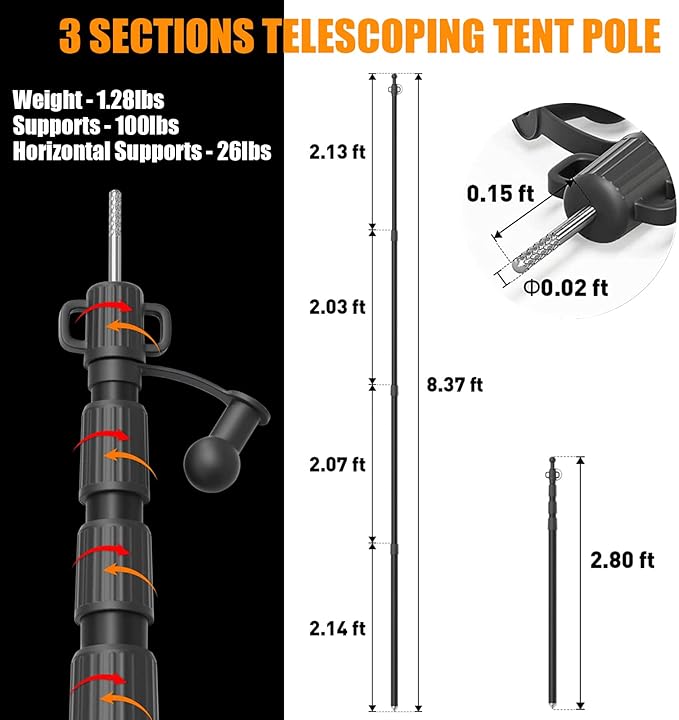 WILDROAD Tarp Poles Tent Poles Canopy Poles 8.37 ft Telescoping Aluminum Poles with Non-Slip Aluminum Cone Bottom Portable and Lightweight Camping Gear for Camping and Awnings Set of 4