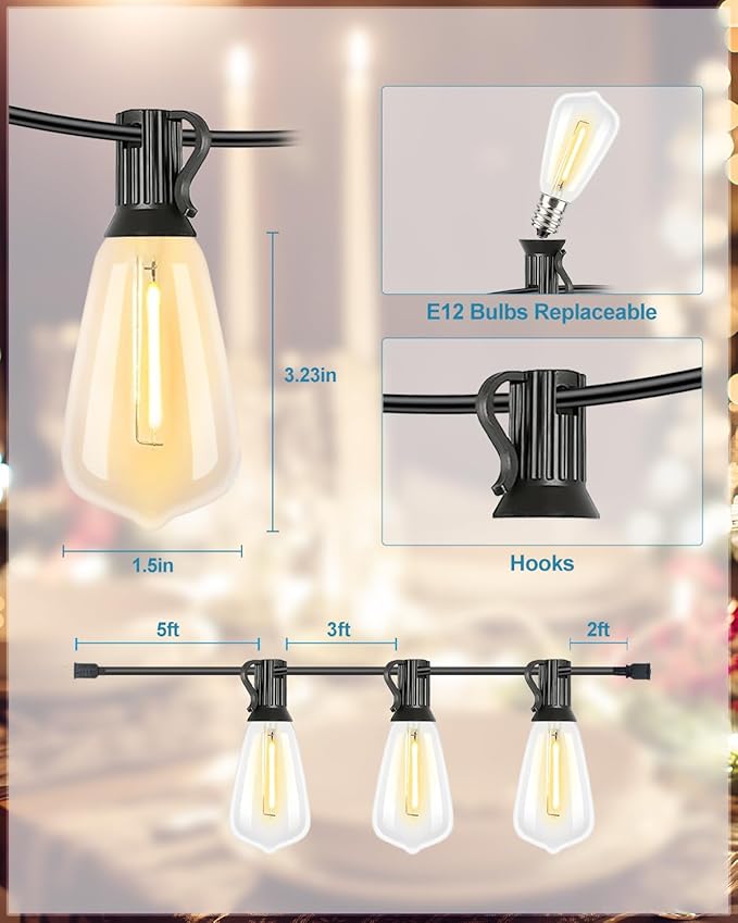Lightdot LED Outdoor String Lights 300FT Patio Lights with 96 Shatterproof ST38 Vintage Edison Bulbs Outside Hanging Light Waterproof for Porch Deck Garden Backyard Balcony Dimmable- ETL Listed