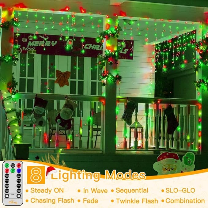 Ollny Icicle Lights for Outside 504LED 41FT Red and Green Christmas Light with Remote 8Modes Timers Waterproof Plug in Connectable Hanging Lights for Outdoor Indoor House Roof Holiday