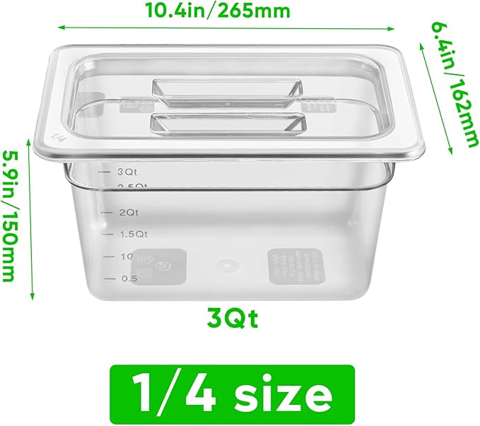 6 Pack 1/4 Size 6'' Deep Clear Food Pans with Lids Commercial Food Pans Polycarbonate Transparent Food Storage Containers Stackable Plastic Pan with Capacity Scale Restaurant Supplies Hotel Pan