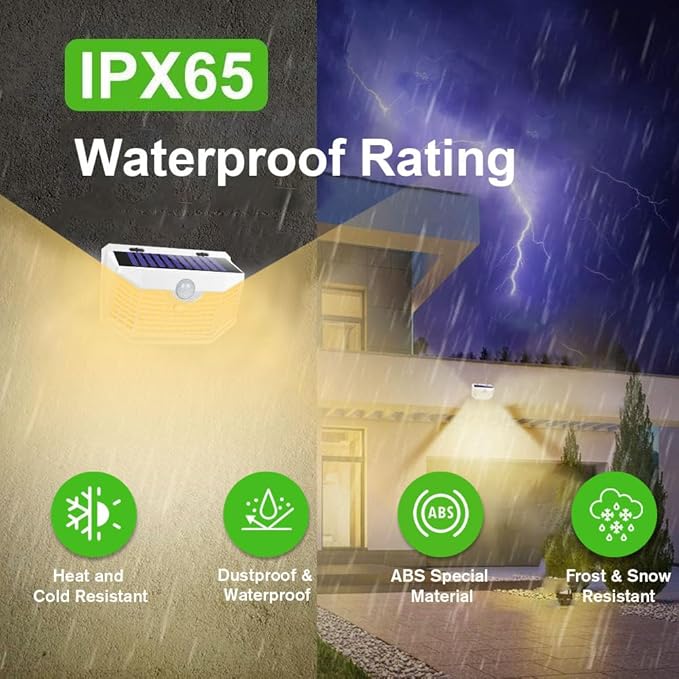 HMCITY 120 LED Solar Lights Outdoor with Motion Sensor and 3 Lighting Modes IP65 Waterproof Wide Solar Wall Lights Ideal for Garden Patio Yard (Front Button 6Packs White Shell-Warm White)