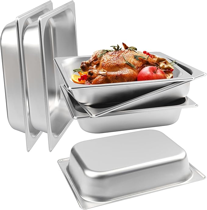 6 Pack 1/2 Size Steam Table Pan Half Size Stainless Steel Hotel Pans 2.5 Inch Deep Steam Pans for Weddings Parties Restaurants Cafeterias and Hotels