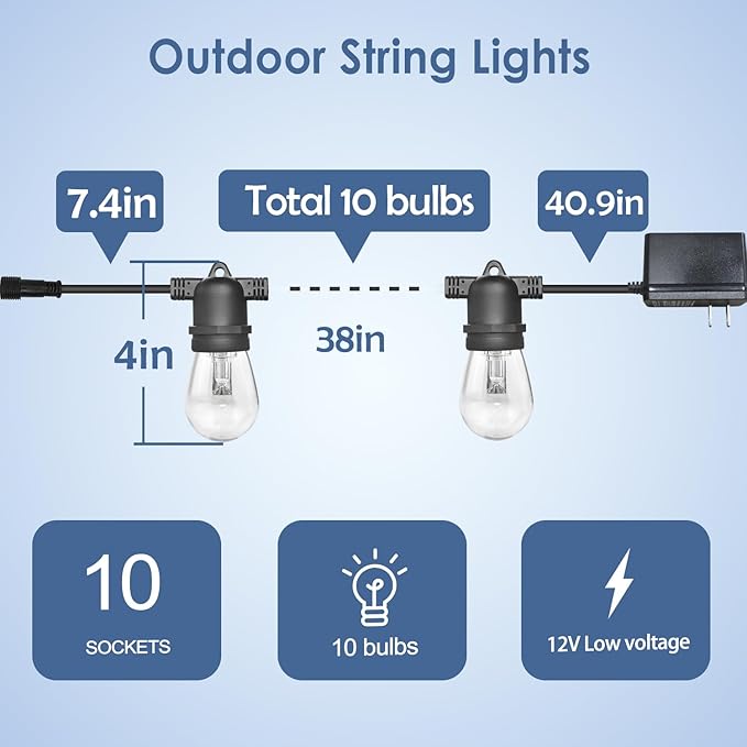 GANA 12V Low Voltage &amp Safe LED Outdoor String Lights32FT 10 Shatterproof Bulbs 2200K Warm White Pergola Lights for Your House's Pergola Garden Fence Porch and Balcony (32FT-96CRI)