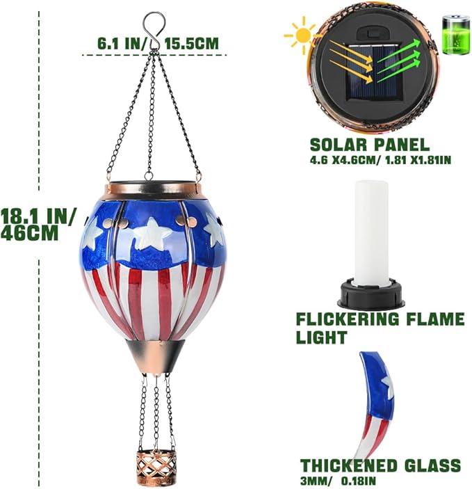 Hot Air Balloon Solar Lantern - U.S Flag Patriotic Glass Lantern Simulated Flickering &amp Dancing Flame Outdoor Hanging Yard Light Waterproof IP65 Ideal 4th of July Gift for Patriot Patio Decor