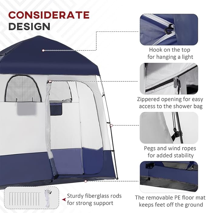 Outsunny Shower Tent Pop Up Privacy Shelter for Camping Dressing Changing Room Portable Instant Outdoor Shower Tent Enclosure w/ 2 Rooms Shower Bag Floor and Carrying Bag Blue