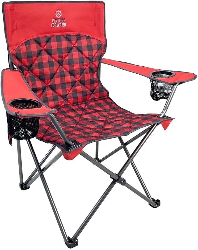 Quilted Quad Camping Chair with Carry Bag – Padded Folding Outdoor Chair with Armrests &amp Built-in Cup Holder for Camping Tailgating RV &amp Outdoor Events