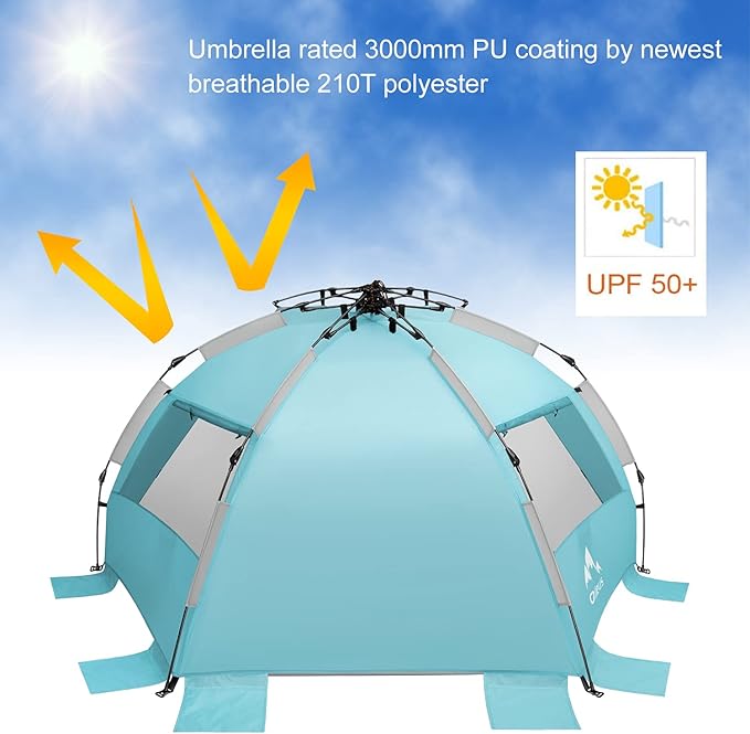 Oileus X-Large 4 Person Beach Tent Sun Shelter - Portable Sun Shade Instant Tent for Beach with Carrying Bag Stakes 6 Sand Pockets Anti UV for Fishing Hiking Camping Waterproof Windproof Sky Blue