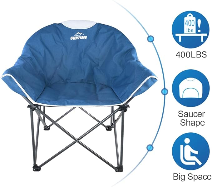 OUTDOOR LIVING SUNTIME Oversized Padded Camping ChairPortable Comfy Outdoor Folding Moon Round Saucer Chairs for Adults with Holder and Carry Bag Perfect for Hiking Lawn Patio Sports（Blue 2 Pack）