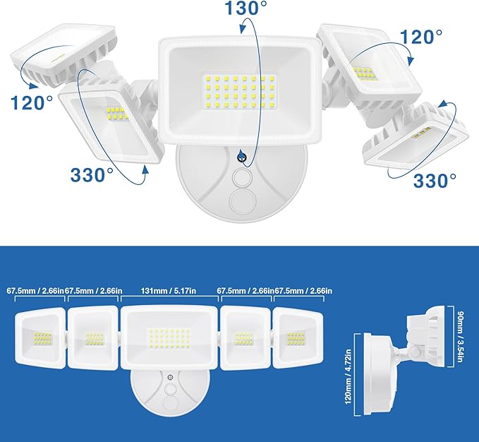 70W LED Flood Lights Outdoor Waterproof IP65 5 Heads Exterior Security Lights 6500K Super Bright Floodlight Fixture Outside Light for House Backyard White