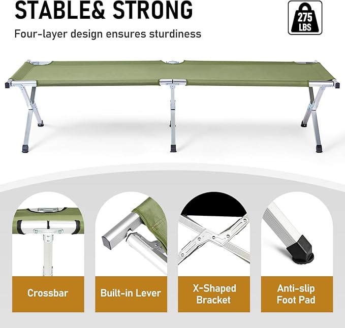 Portable Folding Camping Cot with Carry Bag — Lightweight Aluminum Frame &amp Oxford Fabric Compact Foldable Bed for Camping Travel &amp Emergency Use