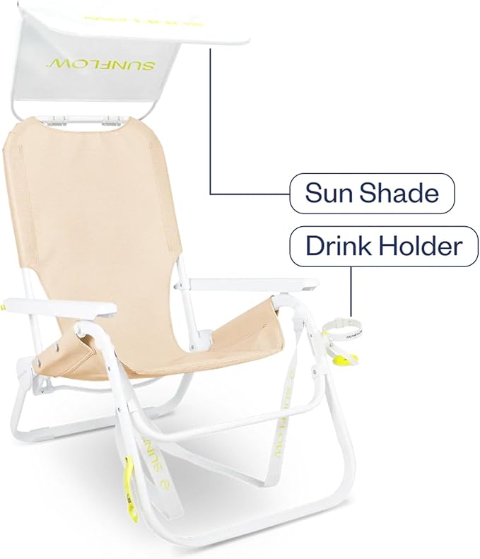 SUNFLOW Shore Thing Premium Beach Chair - Adjustable Portable Rust-Resistant Reclining Beach Chair with UPF 50+ Sun Shade and Drink Holder for The Ultimate in Comfort (Creamsicle)