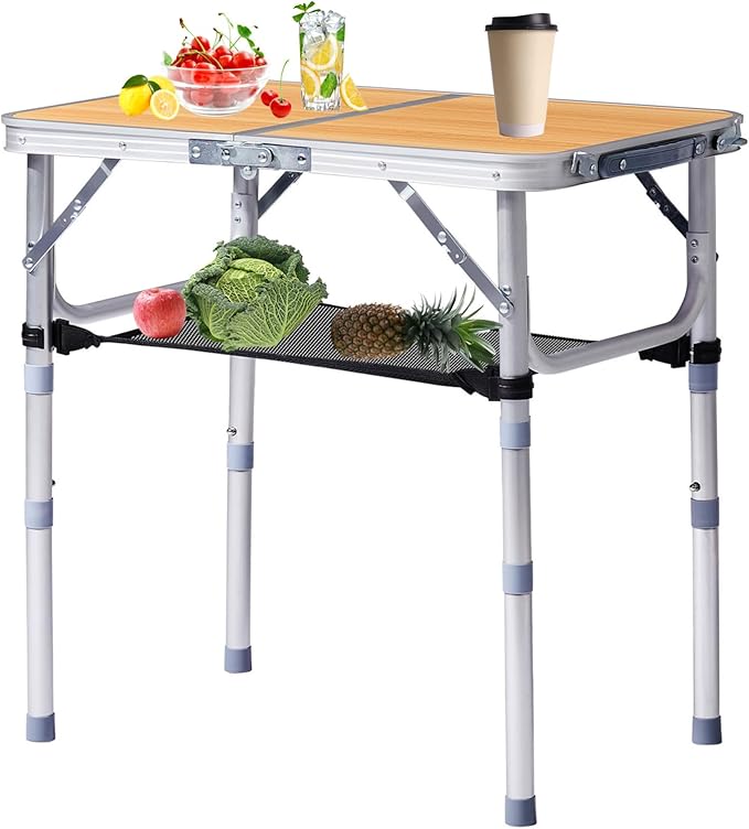 2 FT Folding Camping Table with Storage Portable Fold-in-Half Camp Kitchen Party Table 3 Height Adjustable &amp Carry Handle Rectangular Card Tables for Outdoor Picnic BBQ Backyard (Wooden Pattern