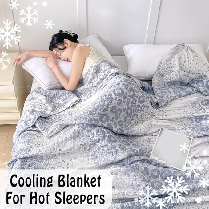 ITFRO Leopard Cooling 3 Layer Cotton Muslin Blanket for Hot Sleepers 80x92 Inches Lightweight Breathable Reversible Summer Camping Blanket All Seasons for Couch Sofa Bed (Leopard Blue 80x92)