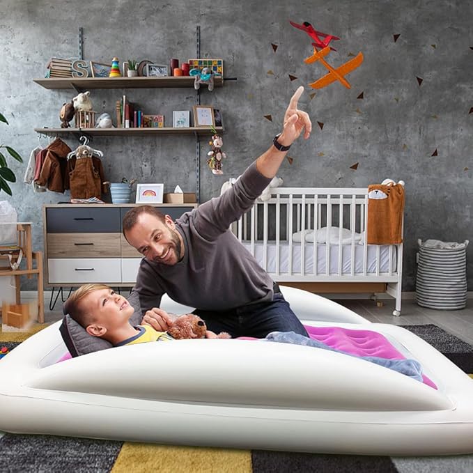 Inflatable Kids Travel Bed Toddler Air Mattress SetPortable Blow Up Mattress Sleeping Bed Cot with Bed Rails and Electric Pump Ideal for Road Trip