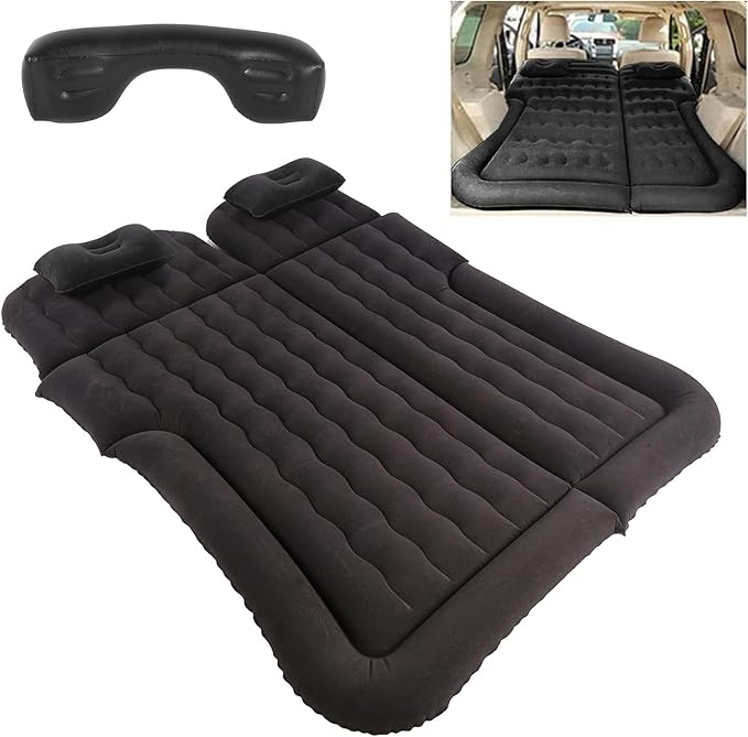 Greensen SUV Air Mattress Camping Car Air Bed Cushion Pillow for Car Sleeping Travel Inflatable Thickened Car Bed Back Seat Mattress with Two Air Pillows (Black)