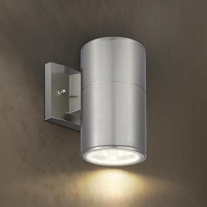 ASD 1 Light Outdoor Wall Light Fixture | 60W E26 Socket 120V ETL Cylinder Up Down Lights | LED/CFL/Incandescent Bulb Exterior Wall Sconce | Front Door Porch Patio Lighting | Stainless Steel