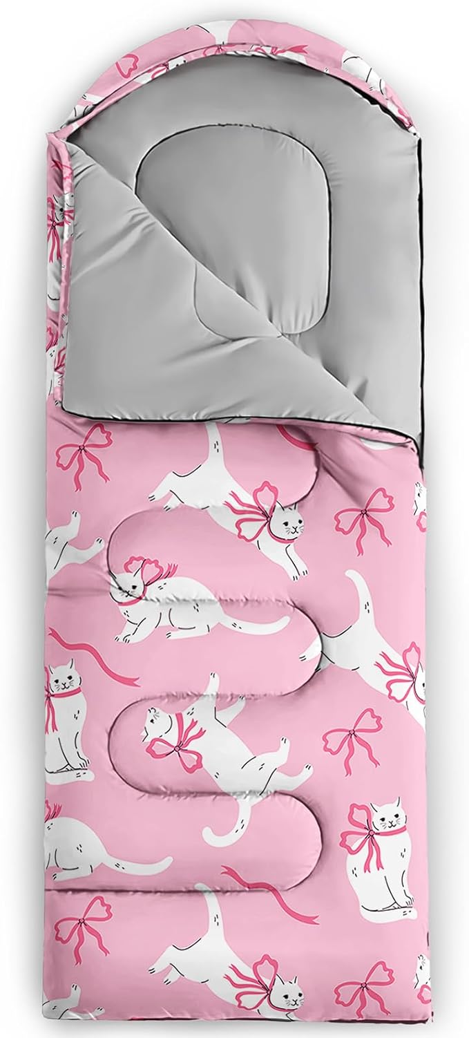 Pink Bow Sleeping BagGirly Princess Bowknot Camping Bag for Girls KidsPink and White Striped Lightweight Warm Portable Outdoor Indoor-Waterproof Cold Weather Resistant for Camping Hiking