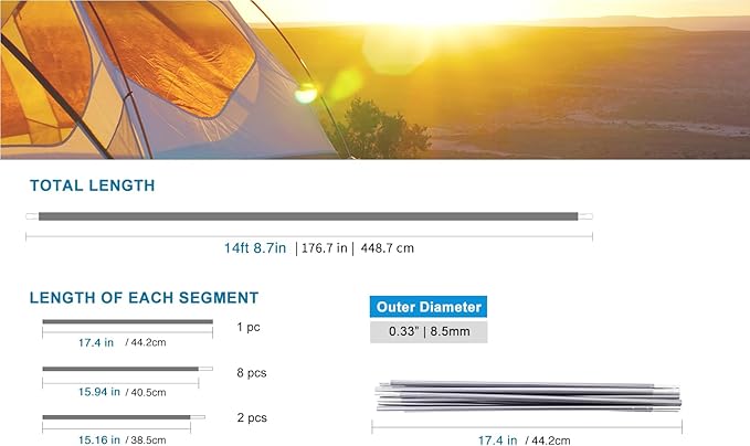 Preassembled Tent Poles Gray Tent Poles Replacement 7001 T6 Heated Aluminum Tent Poles 2 Poles Pack