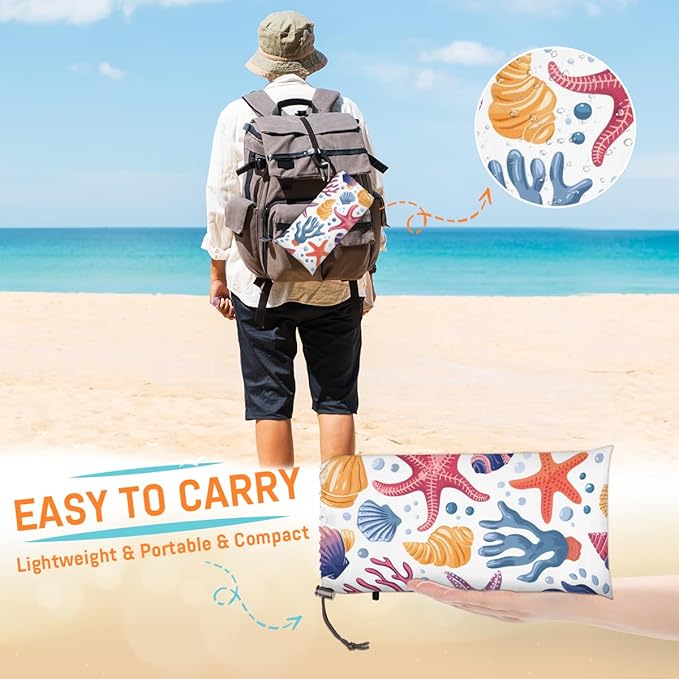 Waterproof Sandproof Beach Blanket 59''×68'' Ocean Shell Polyester Outdoor Picnic Blanket with 4 Stakes &amp Storage Bag for BeachCampingVacation Coral Reef
